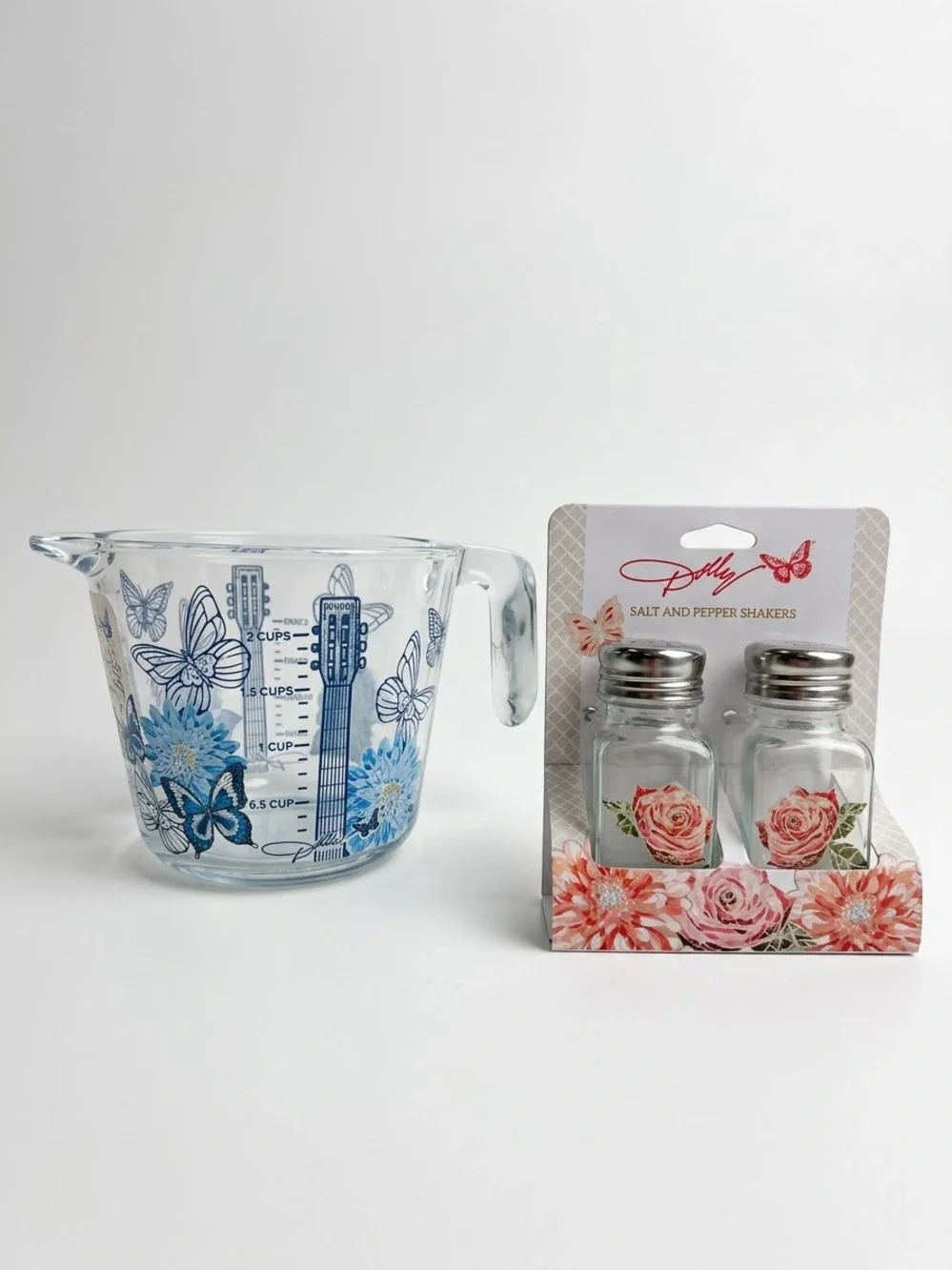 Dolly Parton Floral Glass Measuring Cup & Salt and Pepper Shaker Set NWT